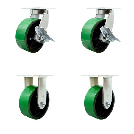 Service Caster 8'' Heavy Duty Green Poly on Cast Iron Wheel Caster Set 2 Brakes 2 Rigid, 4PK CRAN-SCC-KP92S830-PUR-GB-SLB-2-R-2